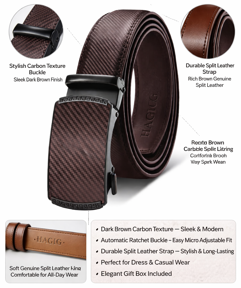 HAGIG Carbon Texture Automatic Belt – Second Layer Leather Strap with Ratchet Buckle - Image 3