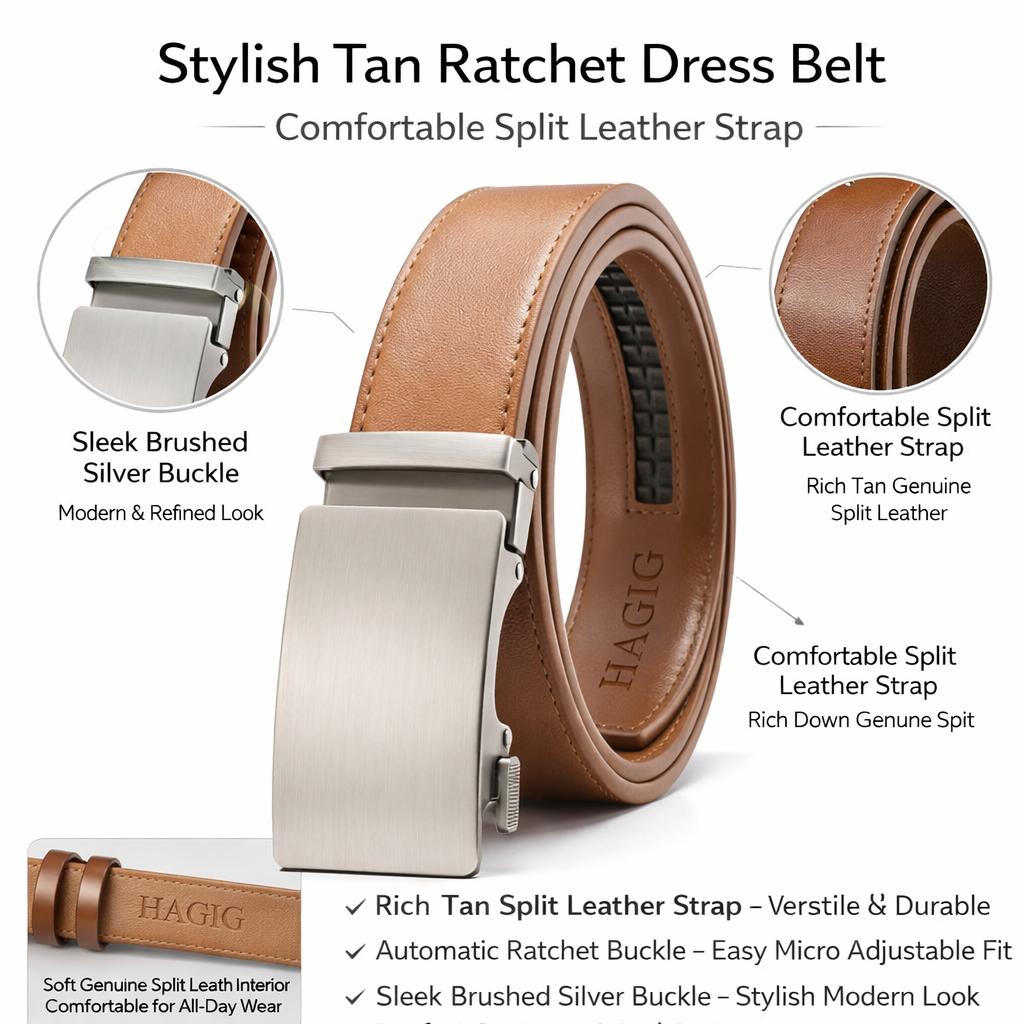 HAGIG Tan Automatic Belt –Second Layer Leather Strap with Ratchet Buckle - Image 3