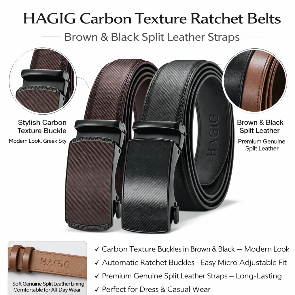 HAGIG Carbon Texture Automatic Belt Set – Leather Strap Second Layers with Ratchet Buckles (Black & Brown) - Image 3