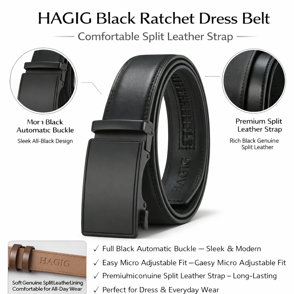 HAGIG Black Automatic Belt – Second Layer Leather Strap with Ratchet Buckle - Image 2