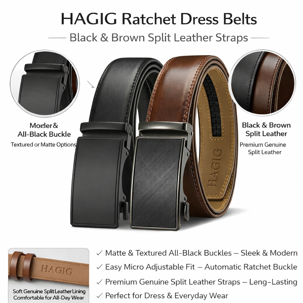 HAGIG Automatic Belt Set – Second Layer Leather Straps with Ratchet Buckles (Black & Brown) - Image 2