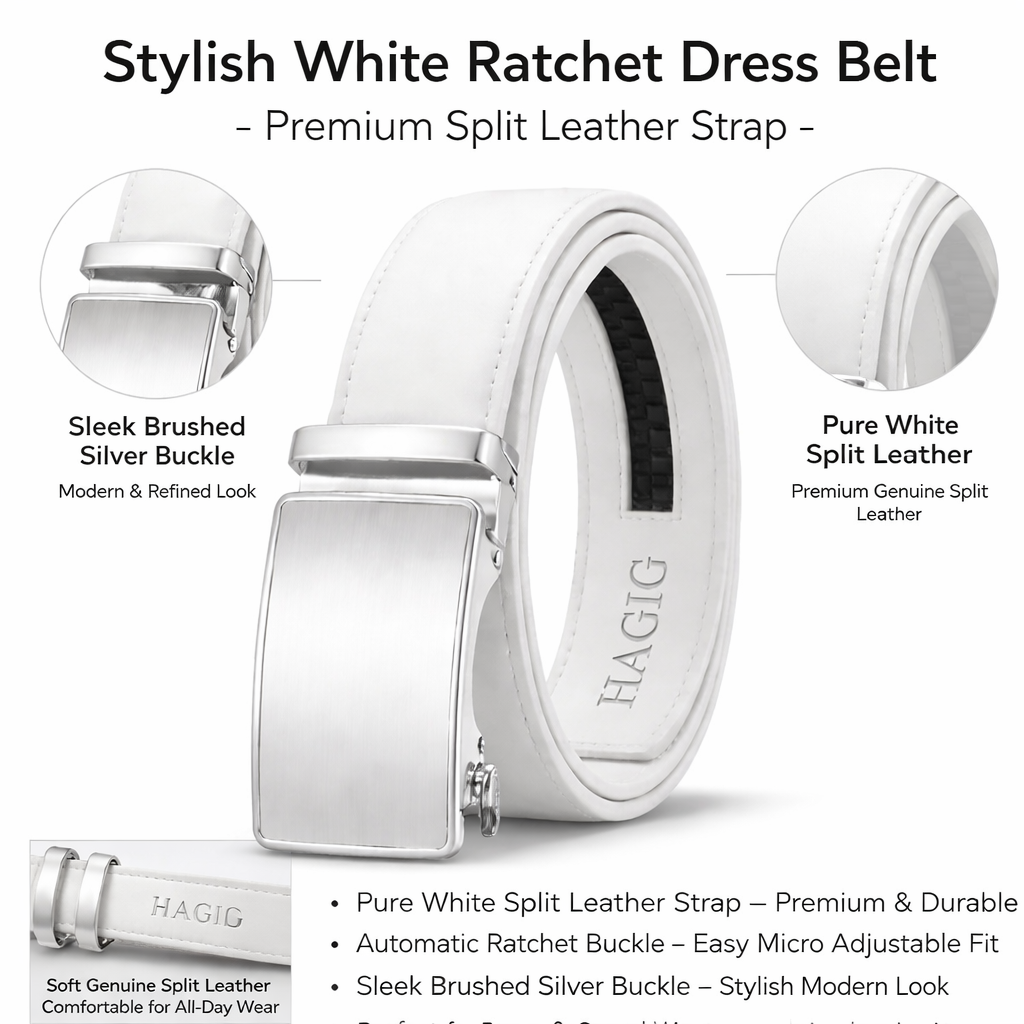 HAGIG White Automatic Belt – Second Layer Leather Strap with Ratchet Buckle - Image 2
