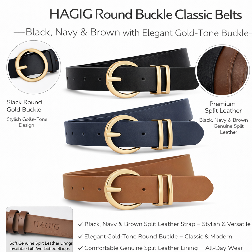 HAGIG Women’s Round Buckle Belt Set – Second Layer Leather Straps (Black, Blue & Tan) - Image 2