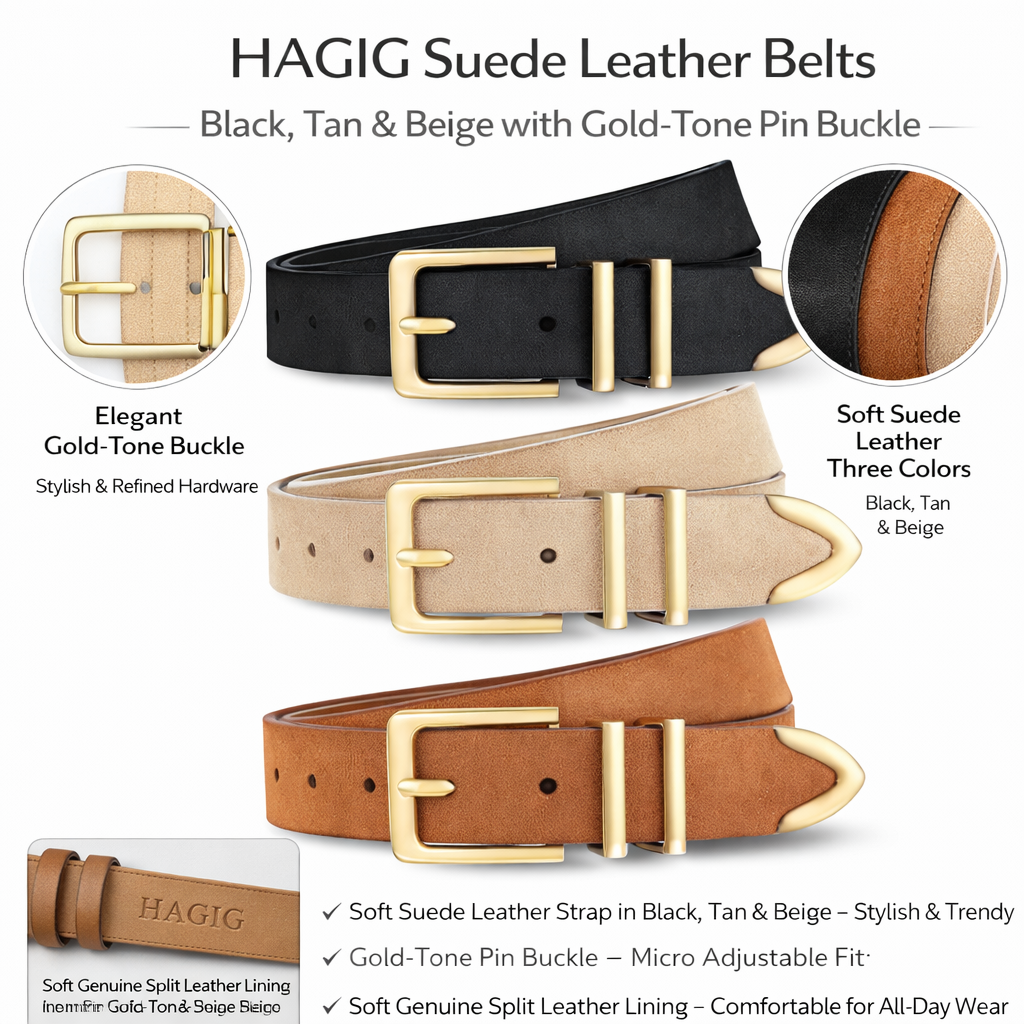 HAGIG Women’s Classic Belt Set – Second Layer Leather Straps with Gold Pin Buckles (Black, Beige & Brown) - Image 2
