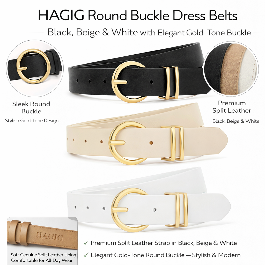 HAGIG Women’s Round Buckle Belt Set – Second Layer Leather Straps (Black, Beige & White) - Image 2