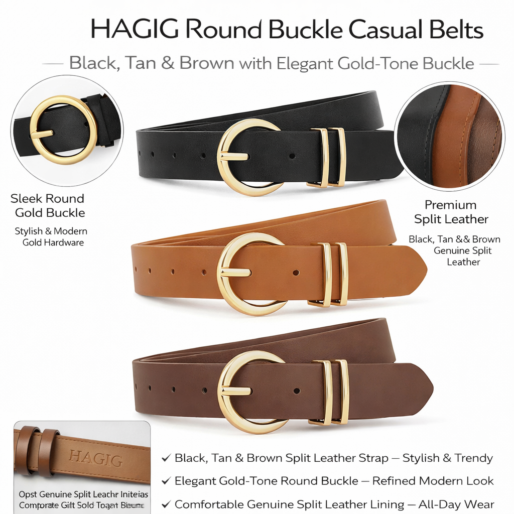 HAGIG Women’s Round Buckle Belt Set – Second Layer Leather Straps (Black, Tan & Brown) - Image 2