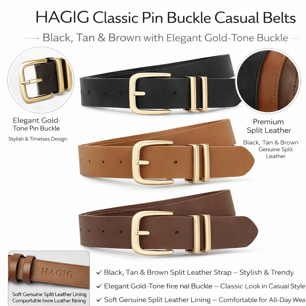 HAGIG Women’s Classic Buckle Belt Set – Second Layer Leather Straps (Black, Tan & Brown) - Image 2