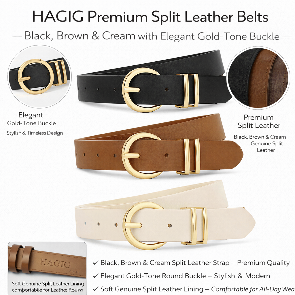 HAGIG Women’s Round Buckle Belt Set – Second Layer Leather Straps (Black, Tan & Beige) - Image 2