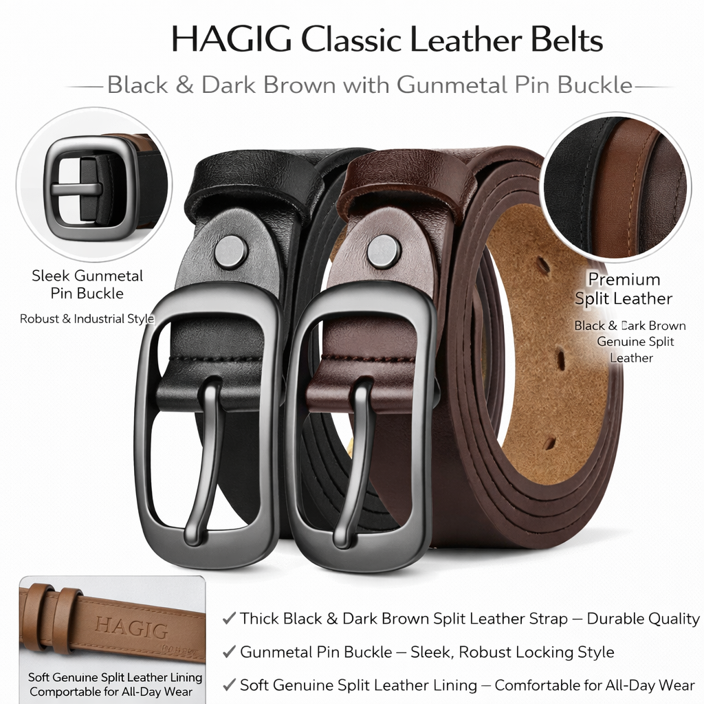 HAGIG Casual Leather Belt Set – Second Layer Leather Straps with Classic Metal Buckles (Black & Brown) - Image 2