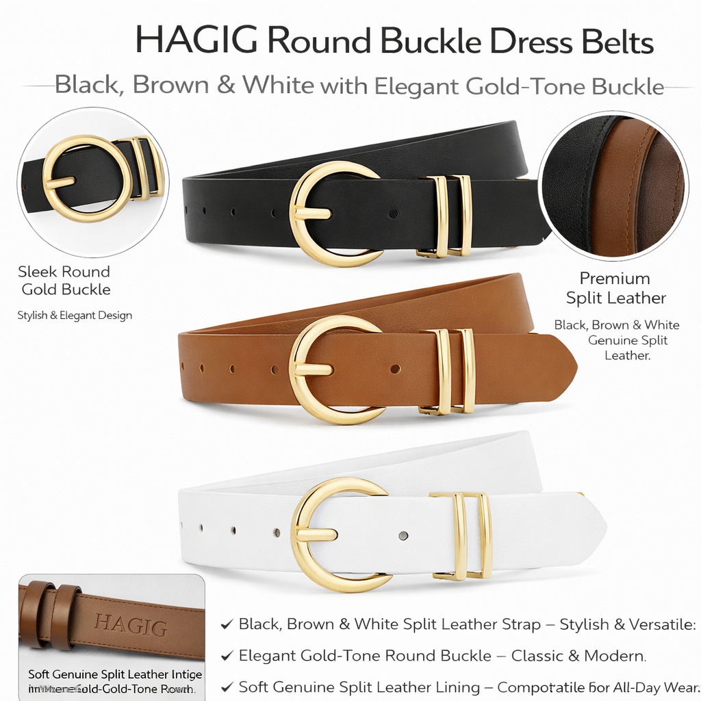 HAGIG Women’s Round Buckle Belt Set – Second Layer Leather Straps (Black, Tan & White) - Image 2
