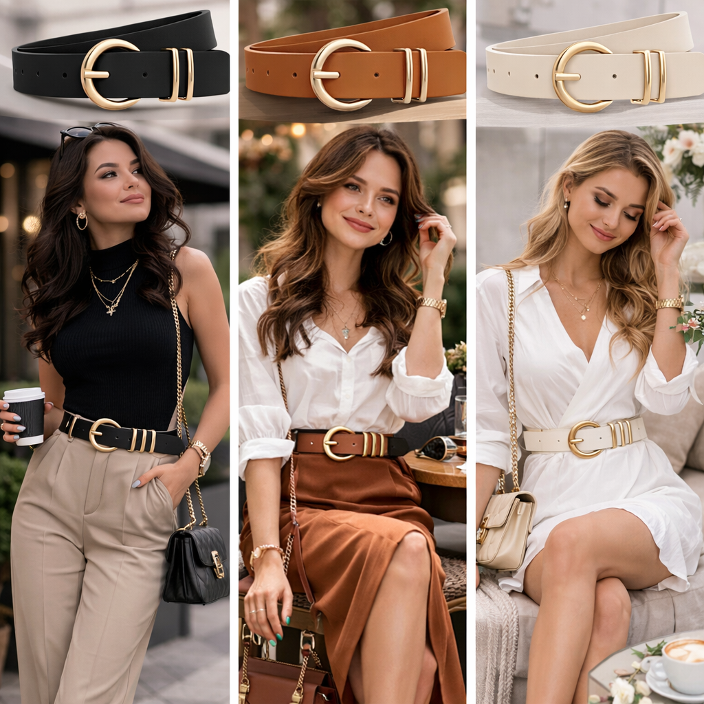 HAGIG Women’s Round Buckle Belt Set – Second Layer Leather Straps (Black, Tan & White) - Image 3